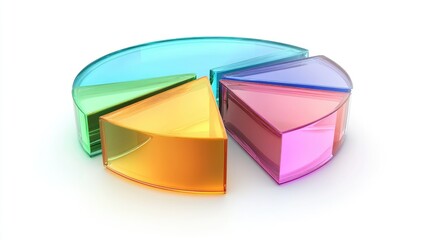 Poster - A creative D pie chart made of glass-like segments, reflecting light, set against a white background, showcasing transparency and clarity in financial or business data.