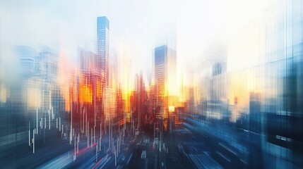 Poster - A creative composition featuring a stock market graph overlaid on a blurred city skyline, symbolizing the connection between urban development and financial growth.