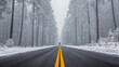© 斌 张 - beautiful, In the middle of an empty road in winter, there is a foggy forest on both sides and tall trees covered with snow all around. A person wearing red stands at one end of the yellow lines.