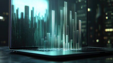 Poster - A detailed D bar chart on a laptop screen, with bars growing in height as data is processed in real-time, symbolizing business success and analytical precision.