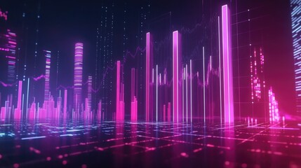 Poster - A digital D financial chart with glowing bars and line graphs, hovering above a virtual platform, symbolizing cutting-edge data analysis in the financial industry.