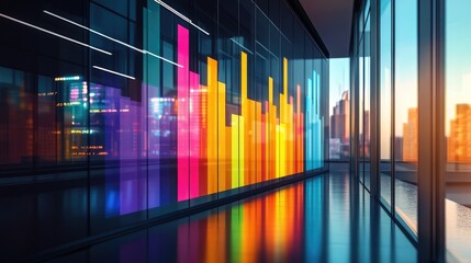 Poster - A dynamic D bar chart displaying financial data, with vibrant colors representing different categories, set against a sleek office background that emphasizes modernity.
