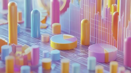 Poster - A dynamic D financial chart with segmented bars and rotating pie charts, set against a backdrop of scrolling data, representing real-time business analytics.