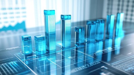 Poster - A futuristic D bar chart with transparent, glass-like bars, standing against a digital interface filled with data streams and analytics, symbolizing cutting-edge business insights.