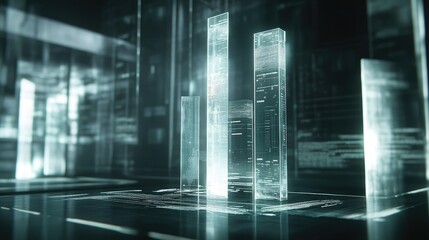 Poster - A futuristic D bar chart with transparent, glass-like bars, standing against a digital interface filled with data streams and analytics, symbolizing cutting-edge business insights.