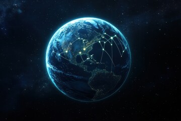 Poster - Global network connections, night Earth, space, data flow, communication, illustration
