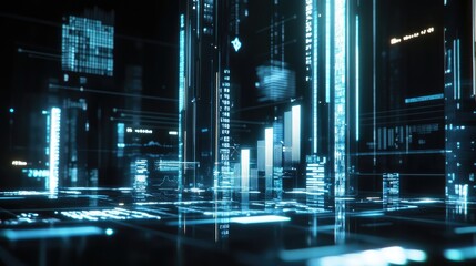 Poster - A futuristic D financial chart with glowing bar graphs and data points, set against a high-tech background, representing business growth and investment strategies.