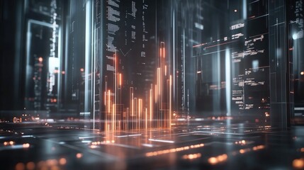 Poster - A futuristic D financial chart with glowing bar graphs and data points, set against a high-tech background, representing business growth and investment strategies.