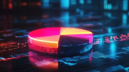 Poster - A futuristic D pie chart with glowing neon segments, rotating in mid-air against a dark background filled with data points and graphs, representing financial analytics.