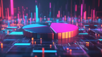 Poster - A futuristic D pie chart with glowing segments, rotating slowly above a virtual platform, representing advanced data analysis in a high-tech business environment.