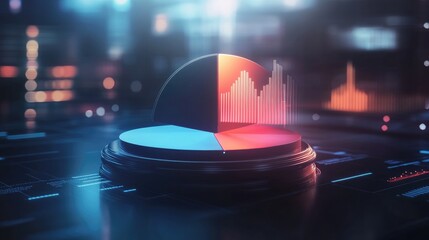 Poster - A futuristic D pie chart with glowing segments, rotating slowly above a virtual platform, representing advanced data analysis in a high-tech business environment.