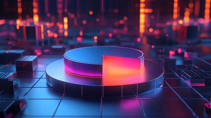 Poster - A futuristic D pie chart with glowing segments, rotating slowly above a virtual platform, representing advanced data analysis in a high-tech business environment.