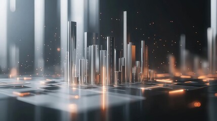 Poster - a high-tech d financial chart with metallic bars rising from a sleek surface, surrounded by floating