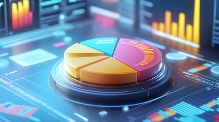 Poster - A high-tech D pie chart with bold, colorful segments, each labeled with percentages, hovering above a digital interface filled with business statistics.
