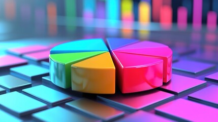 Poster - A high-tech D pie chart with bold, colorful segments, each labeled with percentages, hovering above a digital interface filled with business statistics.