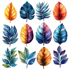 Wall Mural - Vibrant Watercolor Tropical Leaves with Subtle Gradient Edges on White Background