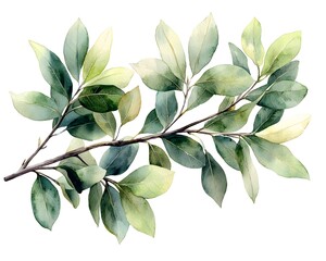 Wall Mural - Delicate Olive Branches with Muted Watercolor Leaves on White Background