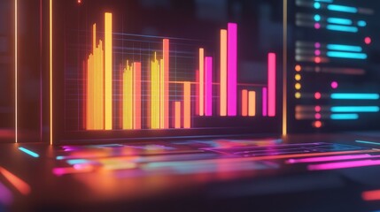 Poster - A stylized D bar chart with glowing segments, each bar representing a different aspect of market analysis, set against a futuristic financial dashboard.