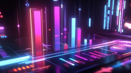Poster - A stylized D bar chart with glowing segments, each bar representing a different aspect of market analysis, set against a futuristic financial dashboard.
