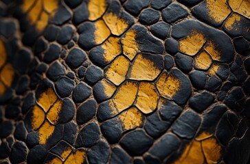 Poster - Close-Up Texture of Unique Black and Gold Skin with Hexagonal Patterns Showcasing Natural Beauty and Intricate Design in an Artful Display of Nature's Splendor
