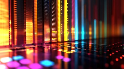 Poster - A vibrant D bar chart with glowing, metallic bars in different heights, showcasing business growth metrics, with abstract data patterns in the background.