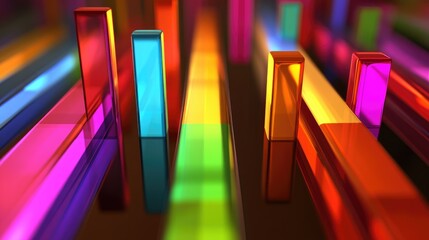 Poster - A vibrant D bar chart with glowing, metallic bars in different heights, showcasing business growth metrics, with abstract data patterns in the background.