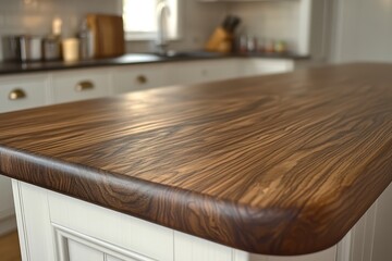 Wall Mural - Walnut kitchen island countertop detail; modern kitchen background