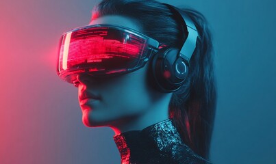 Poster - Woman in VR headset, futuristic tech, neon light, profile view, digital world