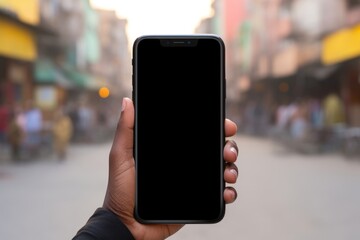 Poster - Close up mobile phone at front holding by indian woman screen street black.