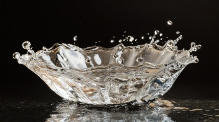 Poster - Clear water droplets splashing against a black background, capturing the energy and freshness of water in an abstract, striking composition