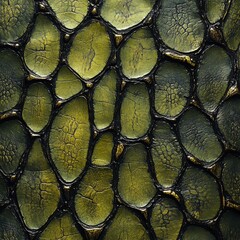 Poster - Intricate Close-Up of Textured Green and Black Surface Mimicking Reptile Skin with Unique Patterns and Color Variations for Artistic and Nature Projects