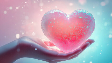 Wall Mural - Magical Crystal Heart Held in a Hand Surrounded by Sparkling Lights and Pastel Hues