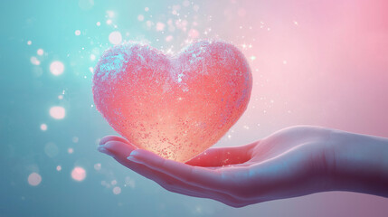 Wall Mural - Frozen Beauty Glowing Pink Heart with Ice-Like Textures in Dreamy Atmosphere