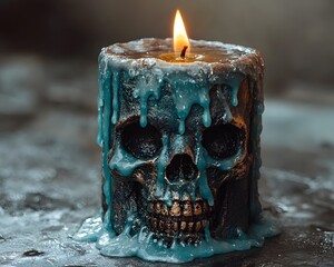 Haunting Gothic Candle with Melted Wax over Skull Dark Vibe