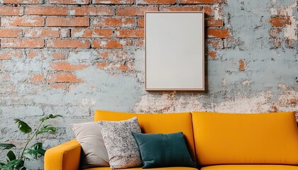 Wall Mural - A bright yellow sofa with decorative pillows against a textured brick wall featuring an empty frame for artwork.