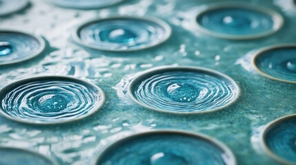 Poster - Close-up of raindrops creating circular ripples on the surface of blue water, showcasing the calming effects of rain in a natural setting