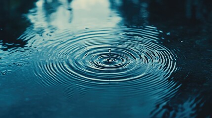 Poster - Close-up of raindrops creating circular ripples on the surface of blue water, showcasing the calming effects of rain in a natural setting
