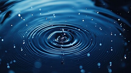 Poster - Close-up of raindrops falling onto blue water, creating circular ripples on the surface, perfect for capturing the peaceful effect of rain in nature