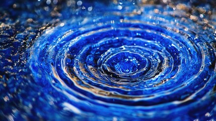 Poster - Close-up of raindrops falling onto blue water, creating circular ripples on the surface, perfect for capturing the peaceful effect of rain in nature