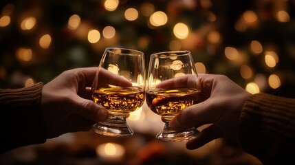 Two whiskey glasses raised in toast, soft golden lights backdrop. Burns Night, Scottish celebration