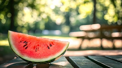 Sliced watermelon on wooden picnic table outdoors in summer sunlight.