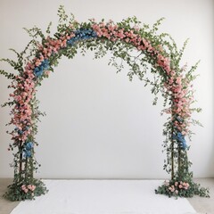 Wall Mural - Elegant floral arch with pink and blue blossoms on white backdrop