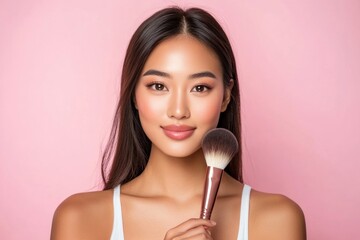 Woman holding a makeup brush background cosmetics beautiful.