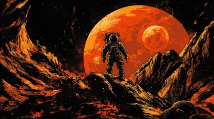 Fototapete - Bold vector poster design of a sci-fi astronaut on an unknown planet, cosmic backdrop, and glowing tones.