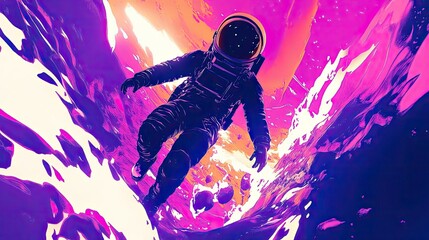 Fototapete - Bold vector poster design of a sci-fi astronaut on an unknown planet, cosmic backdrop, and glowing tones.