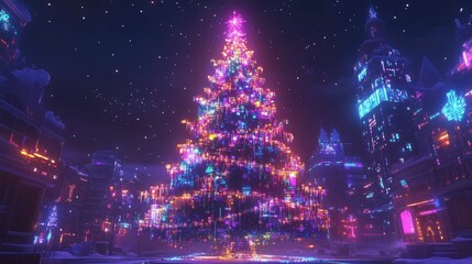 Poster - Digital holiday art showcasing a bright Christmas tree built with pixelated lights and holographic decor.