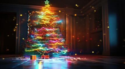 Poster - Digital holiday art showcasing a bright Christmas tree built with pixelated lights and holographic decor.