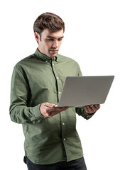 Poster - A man in a green shirt holding a laptop, focused on the screen. Isolated on a white background. Concept of technology, work, or study