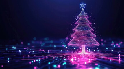 Wall Mural - futuristic digital christmas tree glowing with neon lights, set against a dark background, creating 