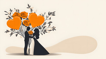 Aufkleber - A romantic illustration featuring a couple surrounded by flowers and heart-shaped balloons, symbolizing love and celebration